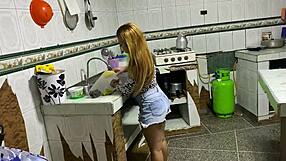 Couple enjoys cowgirl creampie in kitchen