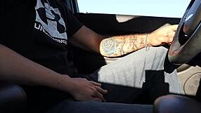 Stepsister gives handjob while driving leading to public cumshot!