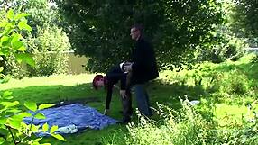 young german redhead's tight pussy and ass fucked outdoors in public