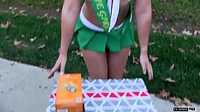 Kenzie Green, the hot scout, sells more than cookies with vibrator, blowjob, and doggystyle in the bedroom