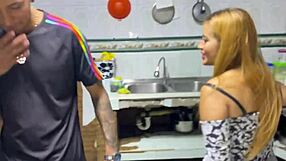 Couple enjoys cowgirl creampie in kitchen