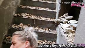 Young European blonde gets puffed by friend outdoors