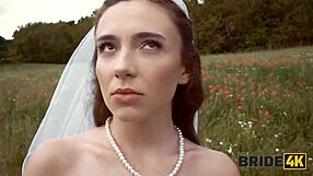 Pretty brunette bride fucks horny shepherd in field