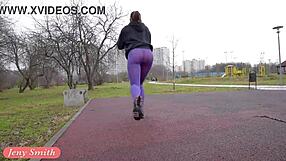 jeny smith flashes ass in pantyhose workout... beautiful babe in public outdoor tease.
