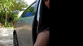 Horny ladyboy pees and strokes her big cock while sitting in the car.