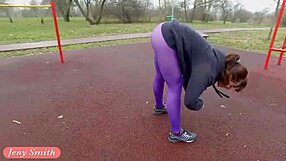 jeny smith flashes ass in pantyhose workout... beautiful babe in public outdoor tease.
