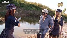 River bitch parody with two slut cops. Blonde sluts give outdoor blowjobs in police action.
