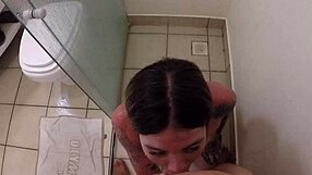 Latina enjoys blowjob and creampie with older guys in bathroom
