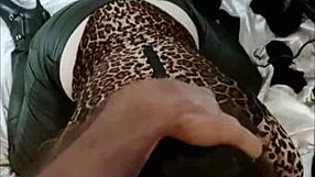 French amateur in black leather pants rims doggystyle pov.