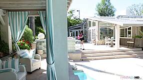 The neighbor visits ariana marie for a casual chat.