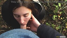 Young Russian girl gives a blowjob in German forest