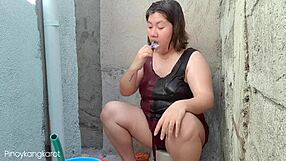 Filipina bathing outside gets fucked by not son daddy.