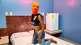 Brunette Stepsister Wants Halloween Celebration in Hotel Bed with Mask and Sexy Hip Shakes!