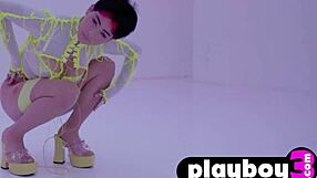 Latina teen Mia Valentine strips in lingerie, showing her big ass and pussy during posing.