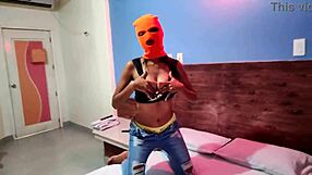 Brunette Stepsister Wants Halloween Celebration in Hotel Bed with Mask and Sexy Hip Shakes!