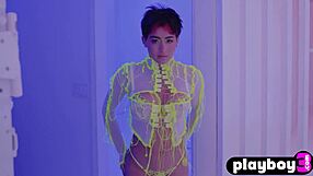 Latina teen Mia Valentine strips in lingerie, showing her big ass and pussy during posing.