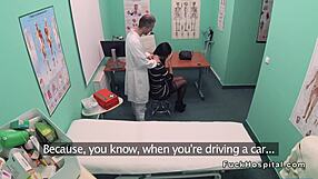 Raven haired hottie in stockings fucks her doctor in pov