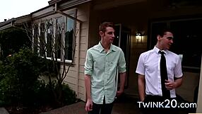 two boys hang out and play around with each other in a casual setting.