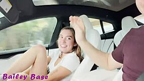 Petite teen nearly gets caught having sex in car on a road trip