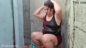 Filipina bathing outside gets fucked by not son daddy.