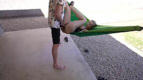 Intense outdoor fucking in hammock with big cock cum on hairy boobs