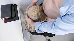 Put the busty chick on the table and fucked in the mouth