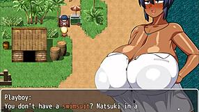 3D game with big-boobed Natsuki in a steamy bath scene