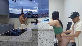 Fodendo Hot Brazilian Wife in Kitchen Until She Cums While Husband Washes Dishes.