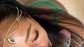 Ebony amateur gives deepthroat blowjob to Indian pornstar with facial cumshot