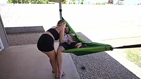 Intense outdoor fucking in hammock with big cock cum on hairy boobs
