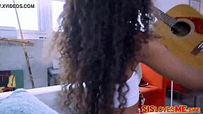 Ebony girlfriend Evelin Stone shares blowjob with stepbro Zeus while Demi Sutra watches in taboo threesome