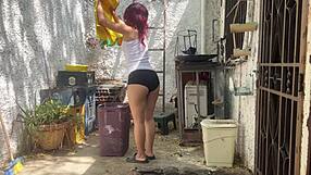 Father-in-law can't resist tempting teen's big ass on balcony