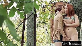 Lesbian Redhead Fingers Stranger in Public with Intense Kissing.