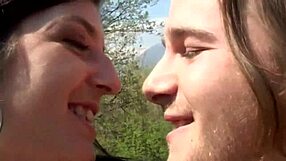 young girl licks old man in forest