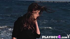 Sexy Brunette Teen Mila Azul Strips Naked Showing Big Natural Tits. She Undresses Slowly in Softcore Scene.