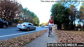 biker babe rides bicycle with public nudity upskirt booty in ebony reality 4k
