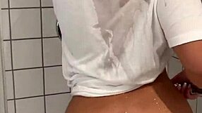 busty chubby teen gets wet in backstage shower, huge facial from pov blowjob