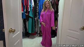 American Milf Sally Steel Strips Naughty in Tight Nylon Pantyhose.