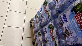 Helping this guy cum in supermarket with handjob on big cock