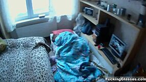 Teen Dania's emotional blowjob and balcony fucking with glasses