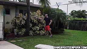 hot brunette plays with hose... he joins in