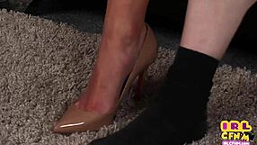 Young beauty in high heels dominates an older man in a kinky threesome