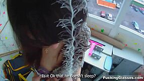 Teen Dania's emotional blowjob and balcony fucking with glasses