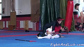 cheerleader licks babe's ass in spandex, fingers her pussy during oral