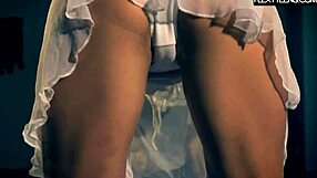 Amateur performs flexible yoga dance in white dress at gym