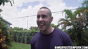 hot brunette plays with hose... he joins in