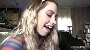 In this POV video, petite blonde teen Khloe Kapri with small tits rides her step dad's cock, wearing socks.