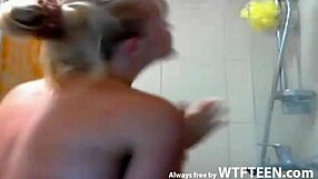 Lovely Cutie Smiling While Washing Hot Body with Masseur's Blowjob