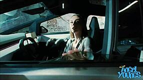 futuristic cyber truck threesome with angel young and violet myers outdoors.