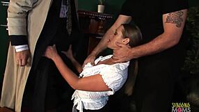 during an anal threesome the brunette milf with big tits gets two facials after double penetration